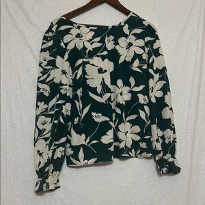 SHEIN Green Floral Long Sleeve Gorgeous Cream Ribbon Tie-Back Blouse